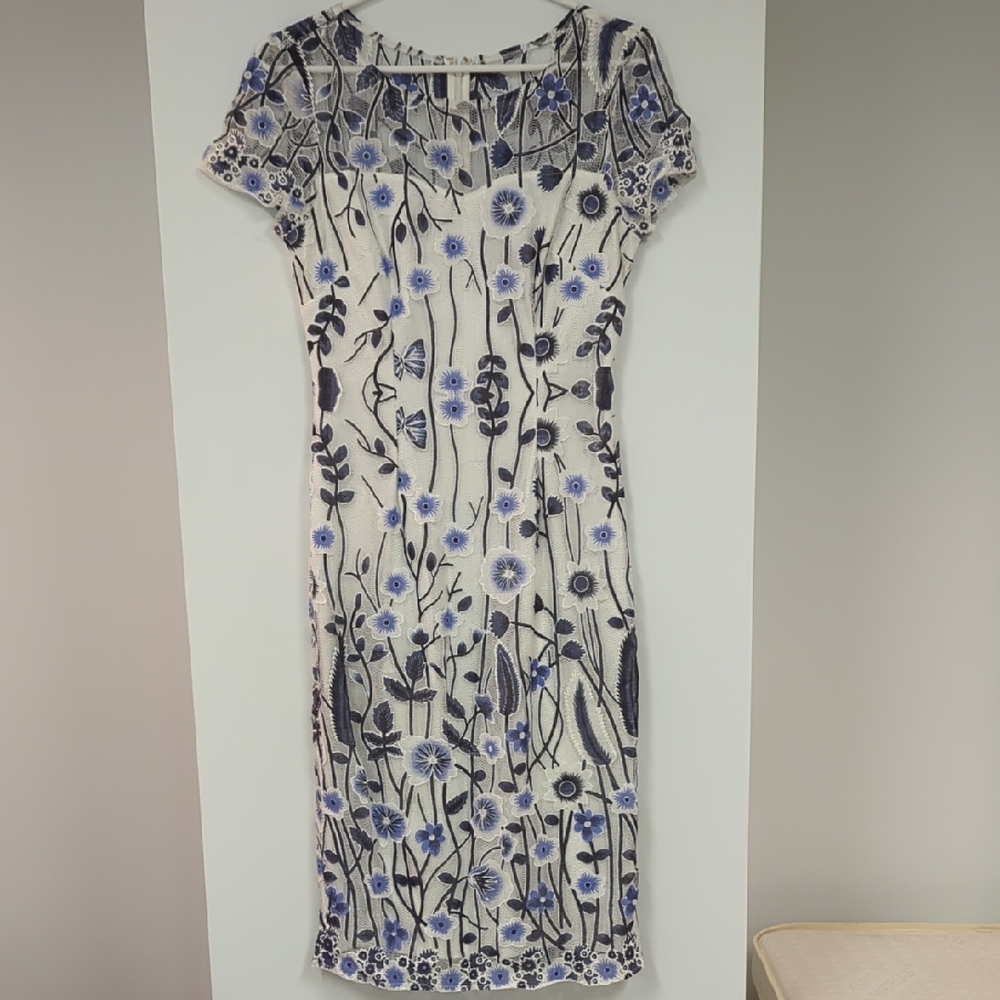 Adrianna Papell Blue and White Floral Midi Dress